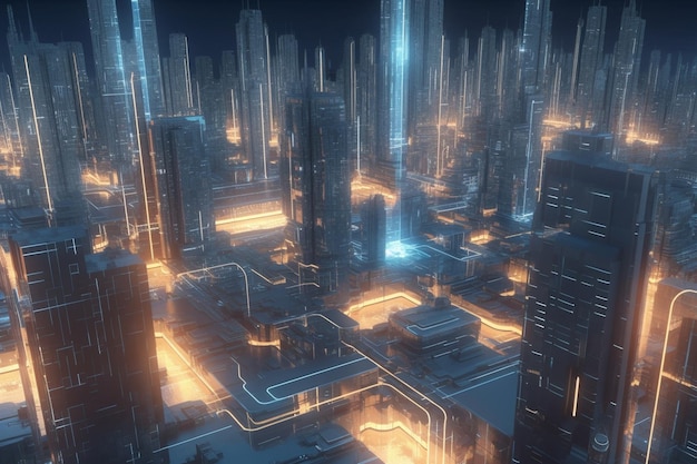 A futuristic cityscape with advanced artificial intelligence and robotics technology