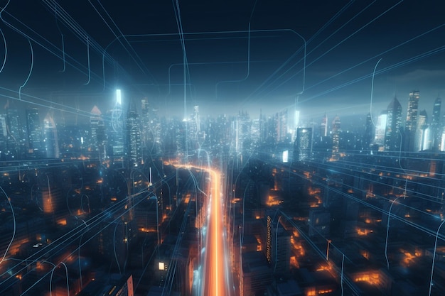 A futuristic cityscape with advanced communication and networking technology