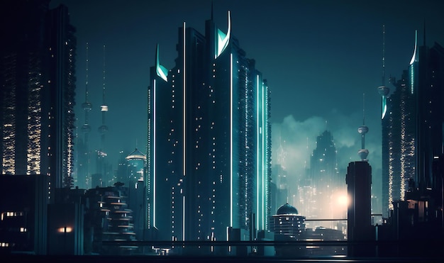 Futuristic cityscape with advanced technology and towering skyscrapers