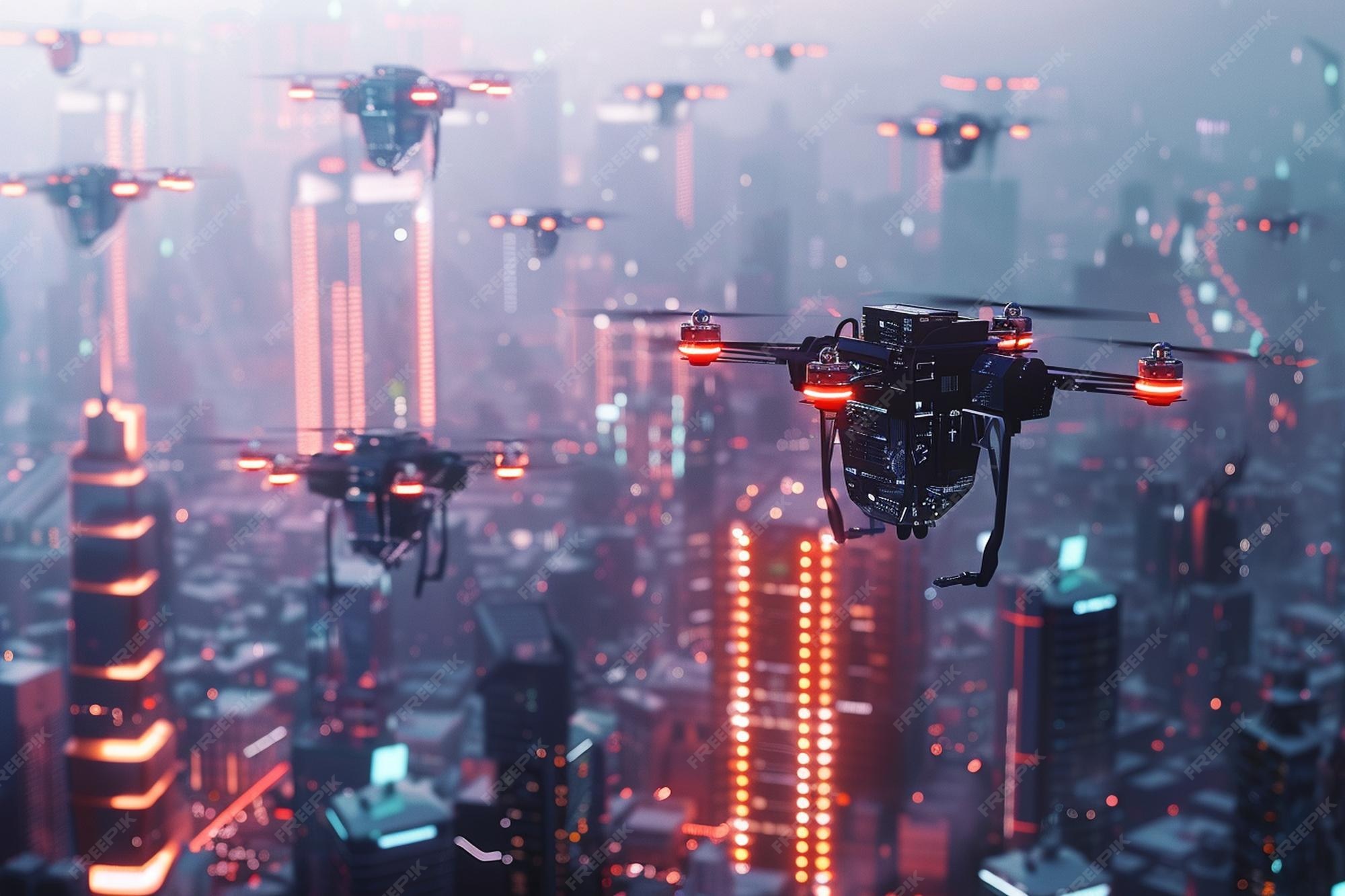 Premium Photo Futuristic cityscape with AI drones flying in sync