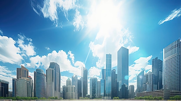 Futuristic cityscape with a blue sky view