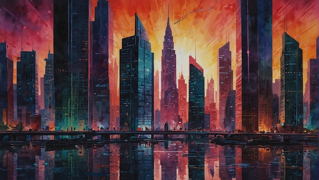 futuristic cityscape with bridge and skyscrapers made of neon lights and holographic projections