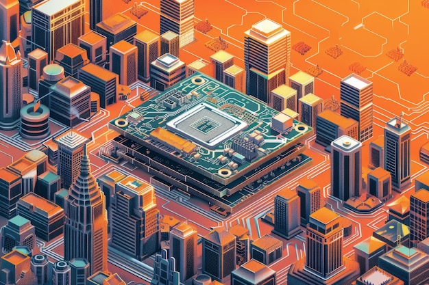 Photo futuristic cityscape with central computer chip illustration