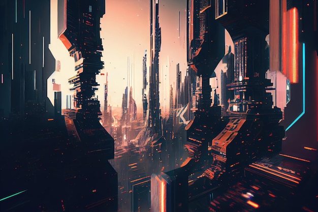 A futuristic cityscape with digital glitches and distortions as if the future arrived but wasn't quite what people expected