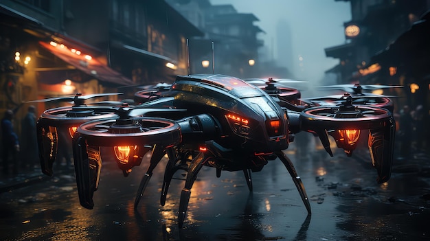 Футуристический городской пейзаж с дронами, летающими над неоновыми огнями