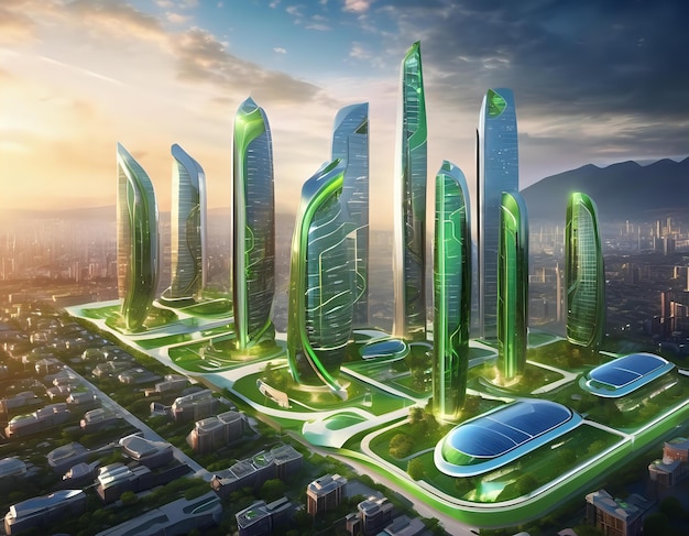 エネルギー効率の高い建物とグリーンテクノロジーを持つ未来的な都市景色