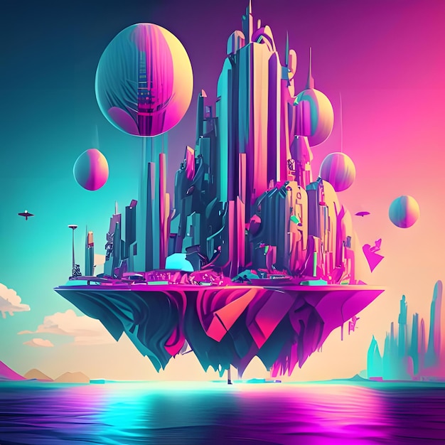 A futuristic cityscape with floating islands and levitating buildings Style