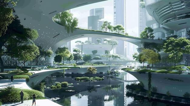 A futuristic cityscape with floating parks and gardens AI generated illustration