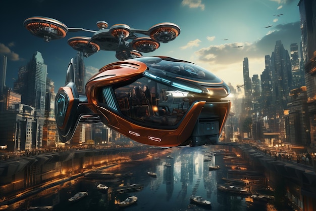 A futuristic cityscape with flying electric vehicles soaring above skyscrapers