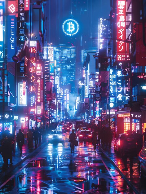 Photo futuristic cityscape with a giant bitcoin hologram neon glow photo of trending poster background