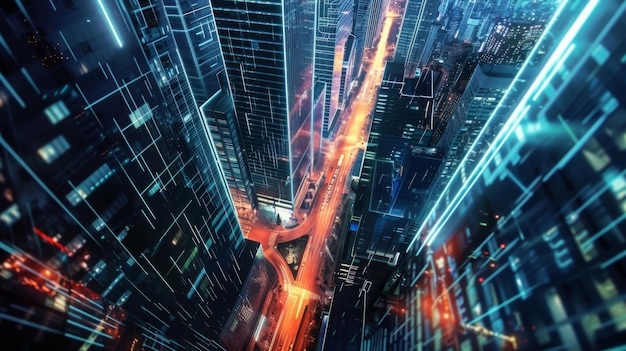 Futuristic Cityscape with Glowing Circuit Patterns Representing Smart City Concept