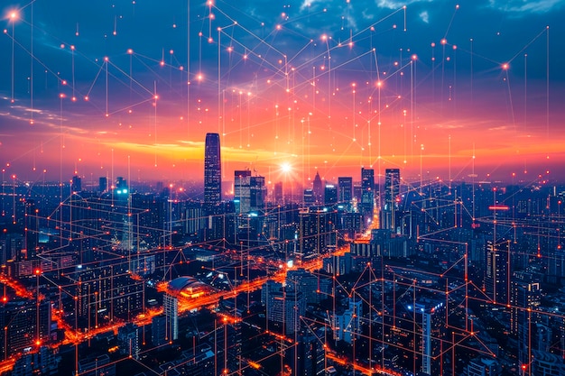 Futuristic Cityscape with Glowing Data StreamsxA