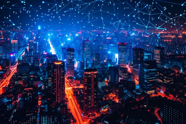 Futuristic Cityscape with Glowing Data StreamsxA