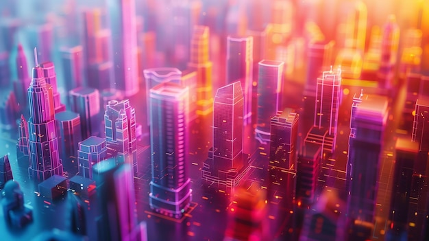 Футуристический городской пейзаж с светящимися голографическими 3D-зданиями