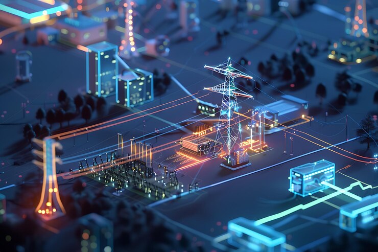Photo futuristic cityscape with glowing power lines and buildings
