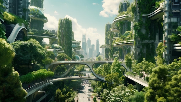 A futuristic cityscape with a harmonious blend of nature and architecture