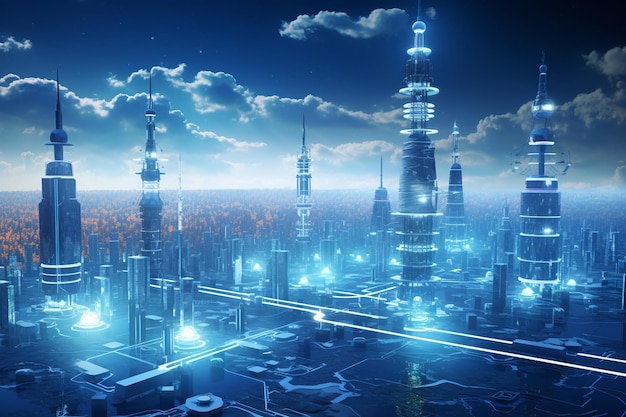 Futuristic cityscape with interconnected 5G towers 00126 00