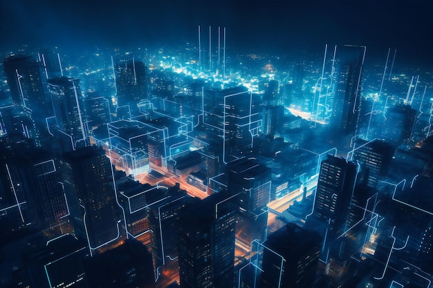 Futuristic cityscape with iotas at night