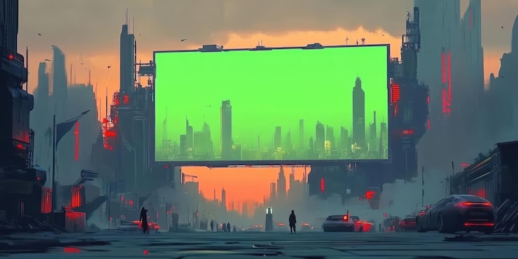 Photo a futuristic cityscape with a large green billboard showcasing a vibrant urban environment