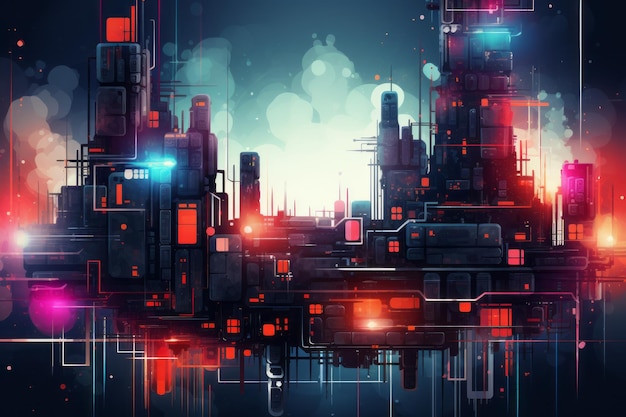 futuristic cityscape with neon lights and buildings in the background