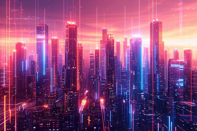Futuristic cityscape with neon lights and hi tech design