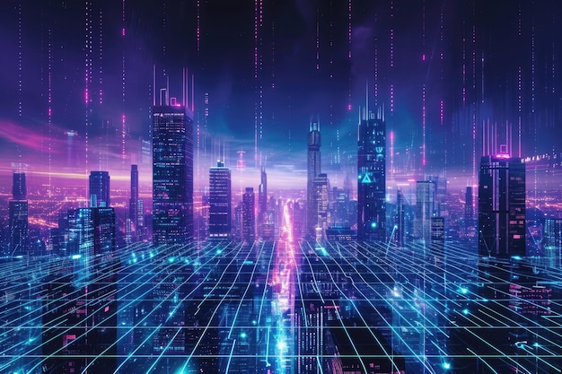 Futuristic cityscape with neon lights and hi tech design