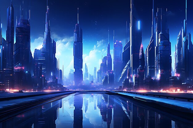 Futuristic cityscape with neon lights and skyscrapers