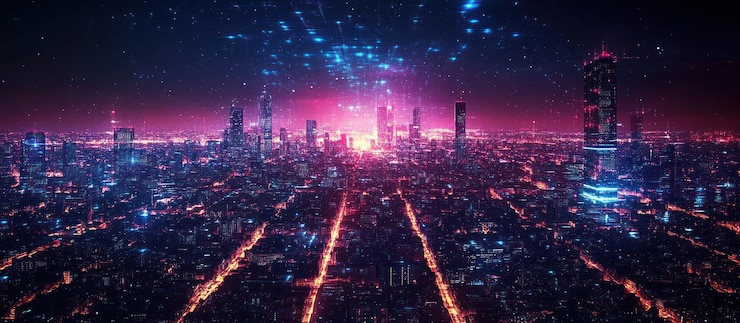 Photo futuristic cityscape with neon lights