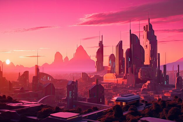 Premium AI Image | Futuristic cityscape with pink sunset and ...