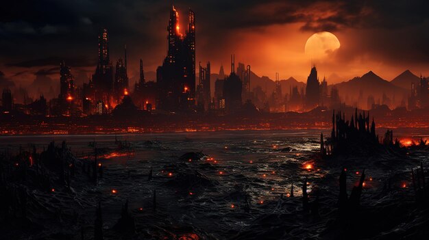 A futuristic cityscape with a post apocalyptic and dark tone Bright color Generative Ai