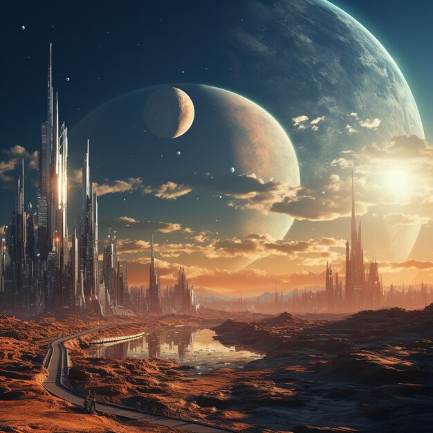 Futuristic Cityscape with Rocky Terrain and Multiple Moons