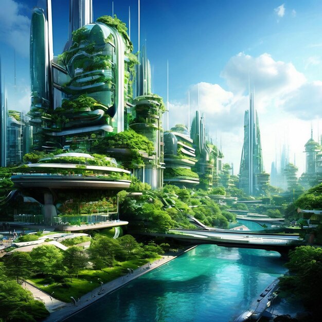 Futuristic cityscape with skyscrapers and green trees