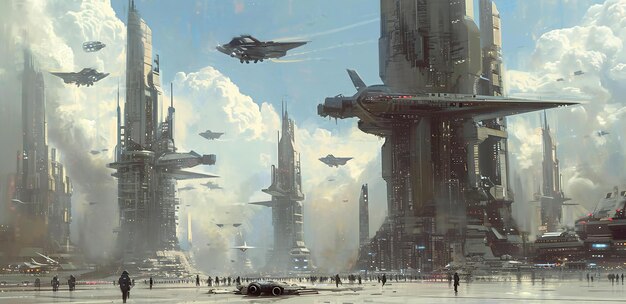 A futuristic cityscape with sleek metallic buildings and flying vehicles soaring through the air