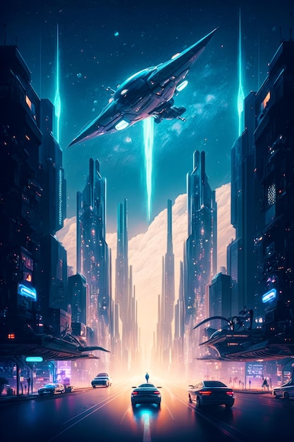 Futuristic cityscape with spaceship flying over the top of it generative ai