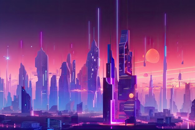 Photo futuristic cityscape with towering buildings and holographic advertisements