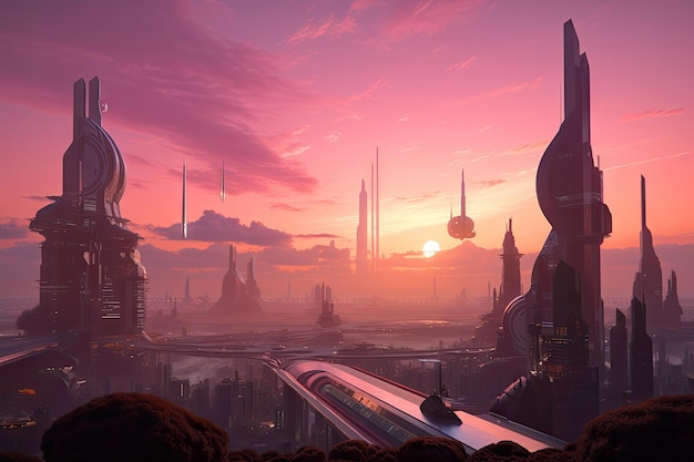 A futuristic cityscape with towering buildings and a pink sunset in the background