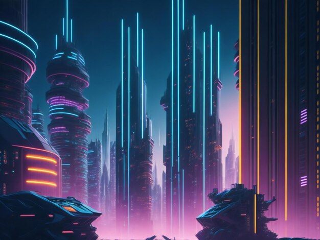 Photo a futuristic cityscape with towering skyscrapers and neon lights reflecting off a metallic surface