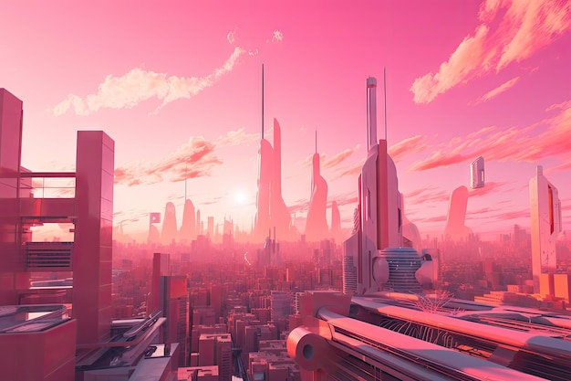 Futuristic cityscape with towering skyscrapers and pink skies against pink futuristic background