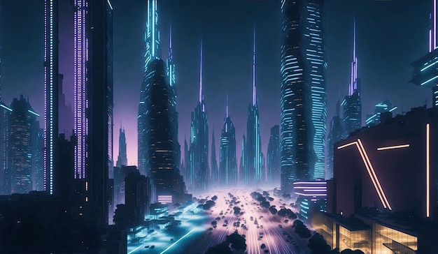 A futuristic cityscape with towering skyscrapers reaching toward the sky