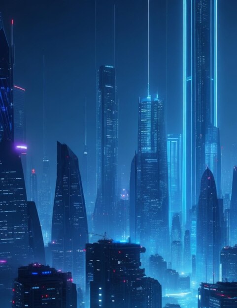 A futuristic cityscape with towering skyscrapers and a web of glowing blue lines connecting them