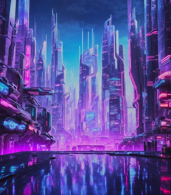 A futuristic cityscape with towering skyscrapers