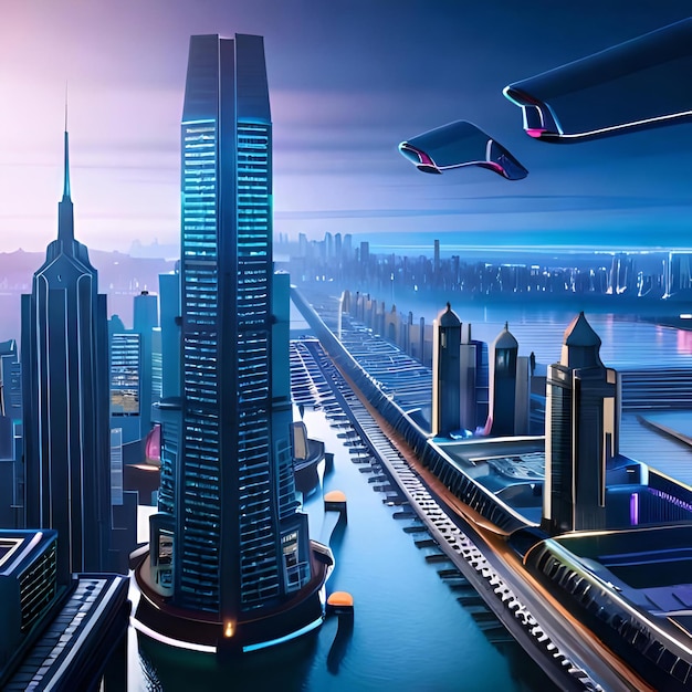 A futuristic cityscape with vehicle