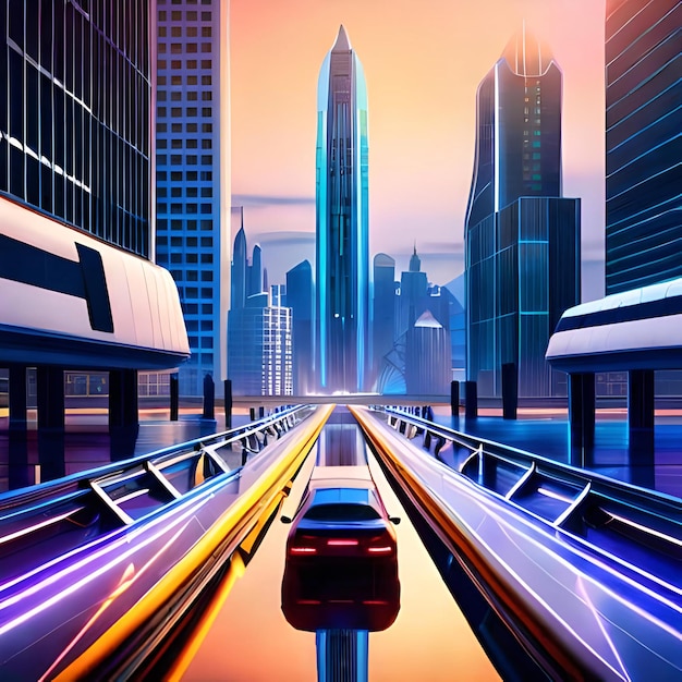 A futuristic cityscape with vehicle