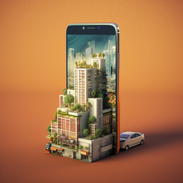 미래의 도시 풍경 3D 일러스트레이션과 스마트 기술 공개