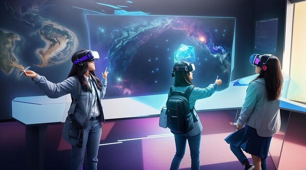 A futuristic classroom holographic display virtual reality integrated into the learning environment