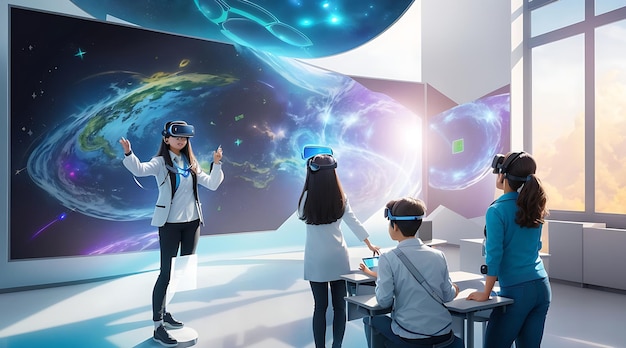 A futuristic classroom holographic display virtual reality integrated into the learning environment