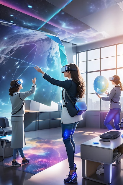 A futuristic classroom holographic display virtual reality integrated into the learning environment