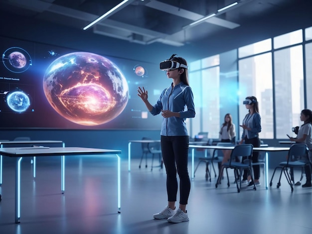 A futuristic classroom holographic display virtual reality integrated into the learning experience