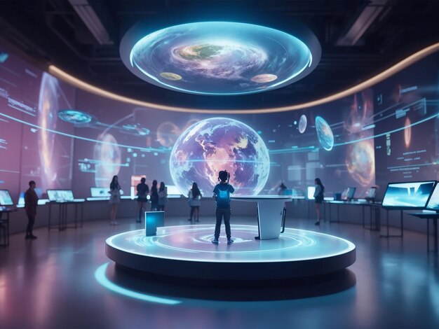 A futuristic classroom holographic display virtual reality integrated into the learning experience