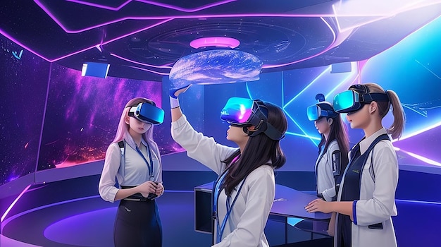 A futuristic classroom holographic display virtual reality integrated into the learning experience